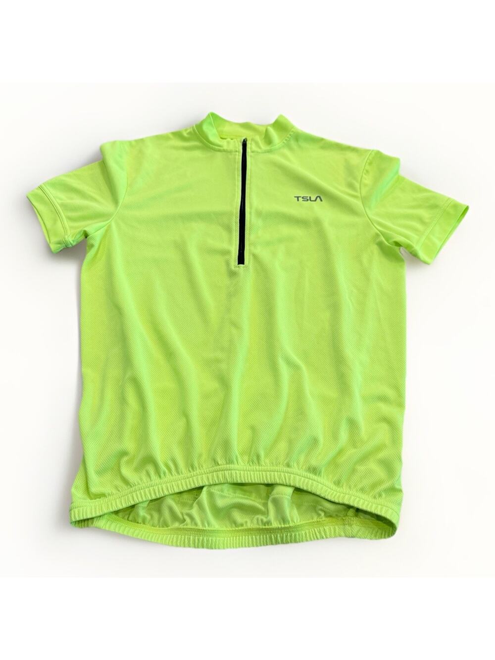 TSLA Mens Neon Green Cycling 1/4 Zip Pockets Short Sleeve Jersey Size M Medium